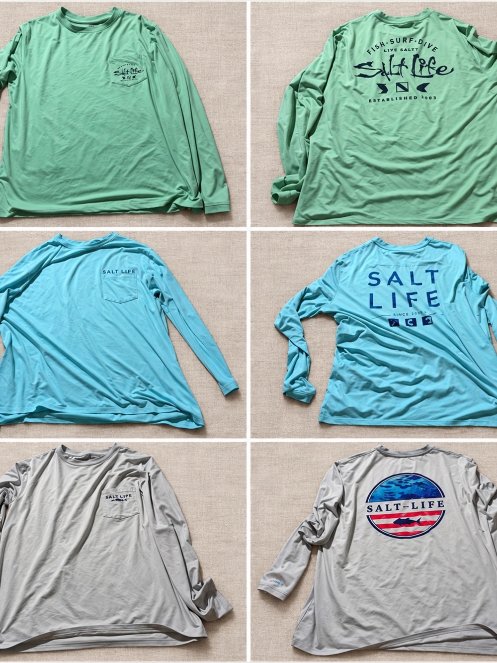 Lot of three men’s Salt Life long sleeve performance shirts, all size XL